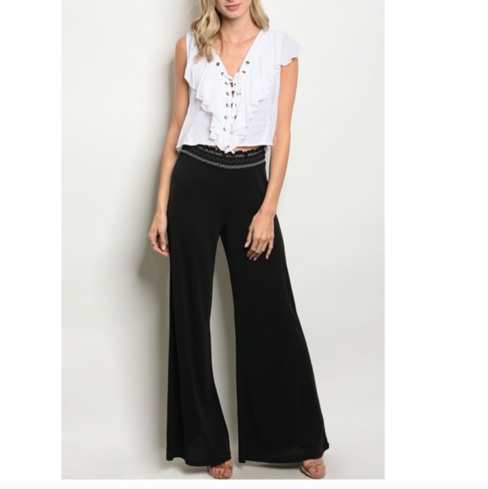 Bear Dance knit wide leg pants with embroidered elastic waist band black Small